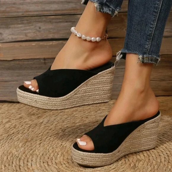 Minimalist Espadrille Faux Suede Wedge Slide Sandals - Picture 4 of 7